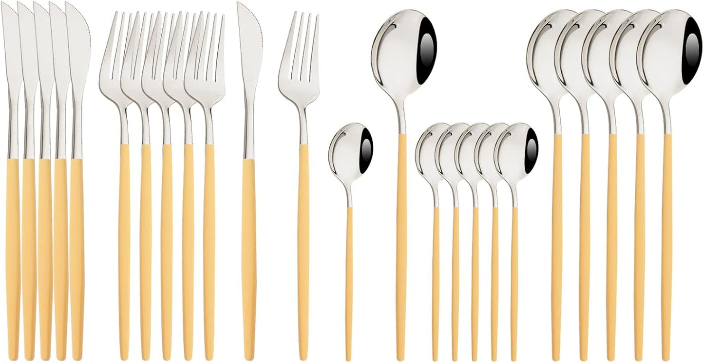 Flatware Set 24 Piece, Stainless Steel Silverware Set, Macaron Small Fresh Color Cutlery Set, Modern Elegant Tableware Set for Party, Christmas, Dinner (Yellow Silver)