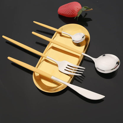 Flatware Set 24 Piece, Stainless Steel Silverware Set, Macaron Small Fresh Color Cutlery Set, Modern Elegant Tableware Set for Party, Christmas, Dinner (Yellow Silver)