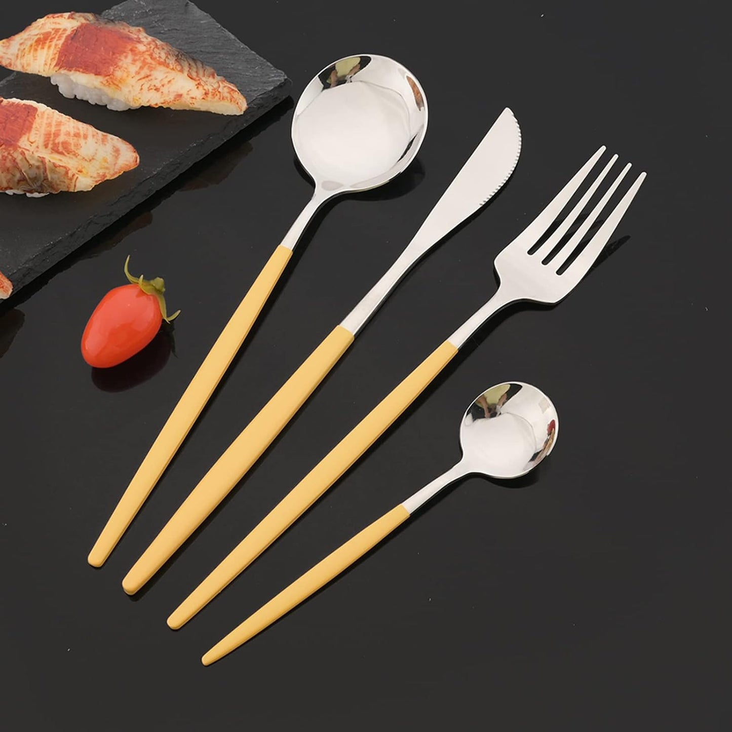 Flatware Set 24 Piece, Stainless Steel Silverware Set, Macaron Small Fresh Color Cutlery Set, Modern Elegant Tableware Set for Party, Christmas, Dinner (Yellow Silver)