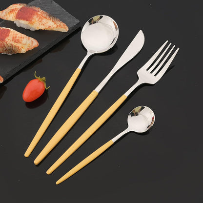 Flatware Set 24 Piece, Stainless Steel Silverware Set, Macaron Small Fresh Color Cutlery Set, Modern Elegant Tableware Set for Party, Christmas, Dinner (Yellow Silver)