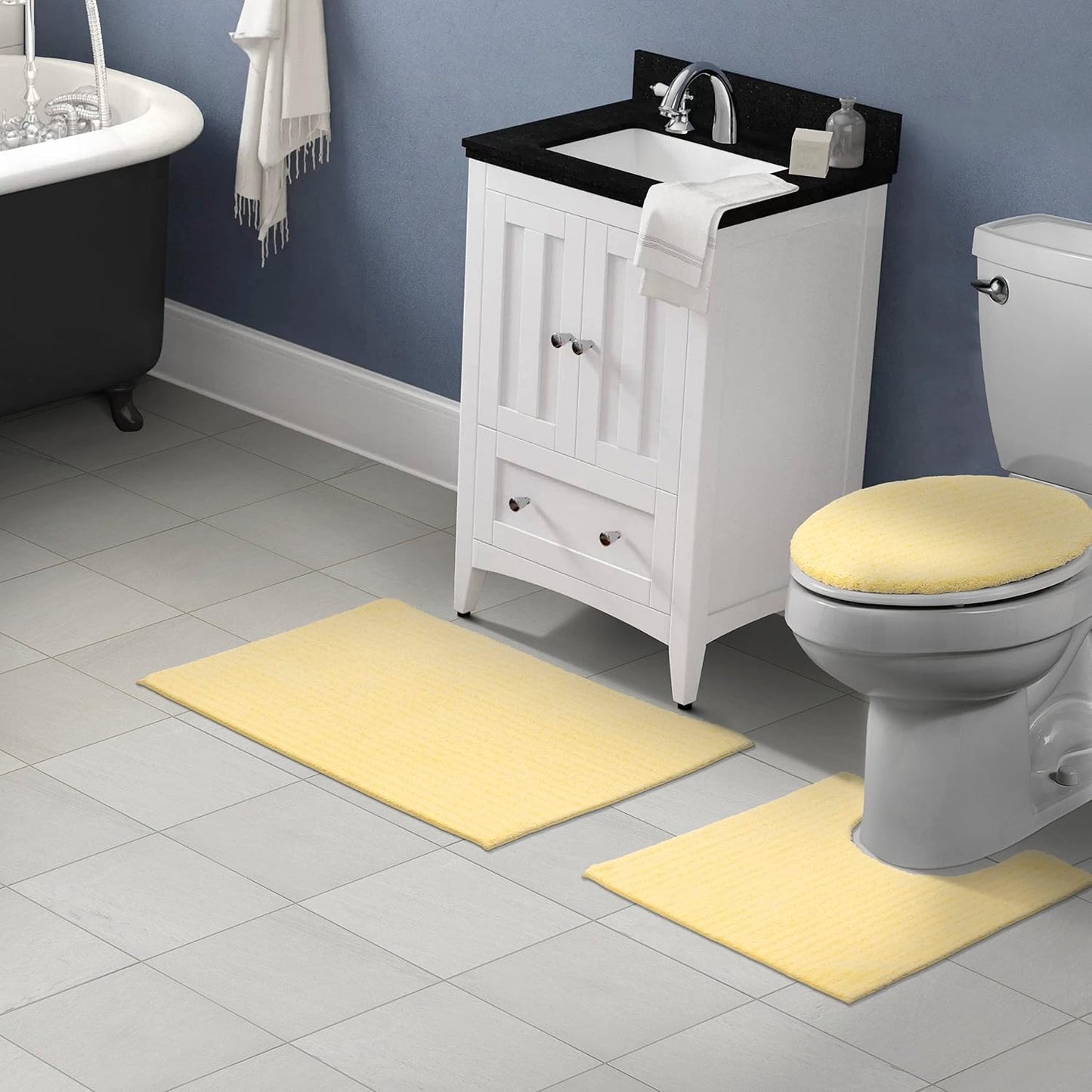 Sheridan Rubber Ducky Yellow 3 Piece Set (21" X 34" Rug, Lid, Contour) Plush Strip Machine Washable Nylon Bath Rug