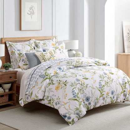 Viviana Blue Reversible Twin/Twin XL Comforter Set (68x88in) with 1 Pillowcase (26x20in) - Floral - Blue, Green, Yellow, White - 100% Cotton Twin Size Comforter Set - Soft, Pre-Washed