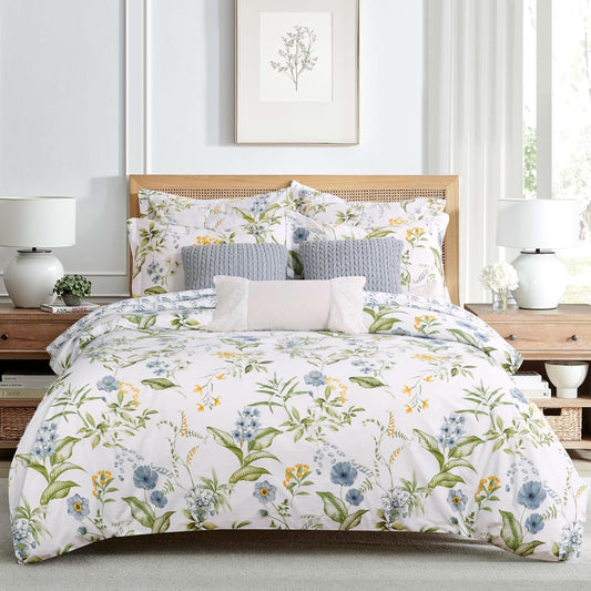 Viviana Blue Reversible Twin/Twin XL Comforter Set (68x88in) with 1 Pillowcase (26x20in) - Floral - Blue, Green, Yellow, White - 100% Cotton Twin Size Comforter Set - Soft, Pre-Washed