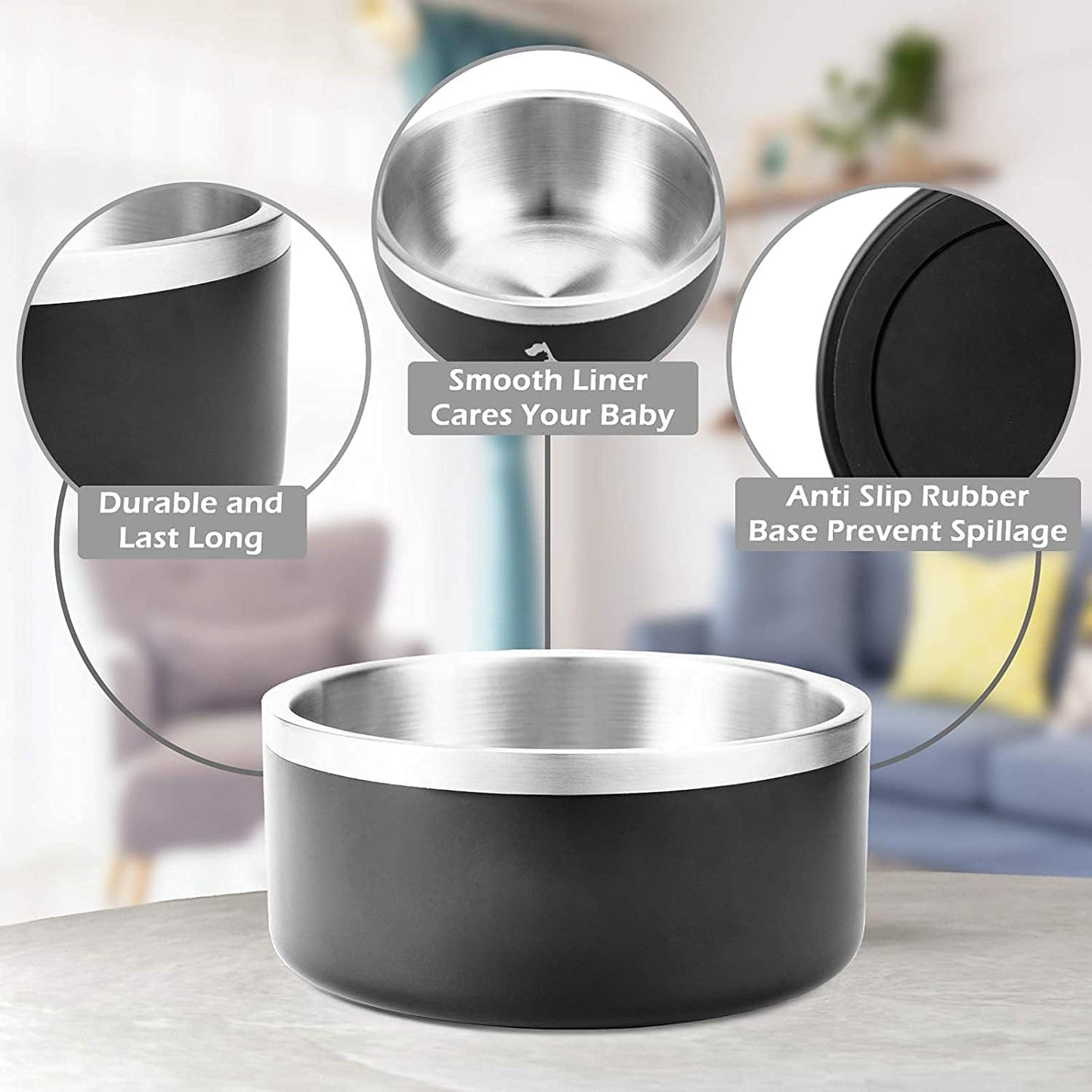 32oz 64oz Stainless Steel Double wall Dog Bowls,BPA Free Non-Slip Pet Dishes,Cat Food&Water Bowl with Rubber Base(32oz, Yellow)