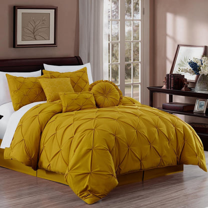 Sydney Extra Wide King Size Comforter Set - 7-Piece Pintuck Bedding - Mustard Yellow, Elegant Lightweight Pinch Pleat Comforter with Decorative Pillows Bed Set for All Season