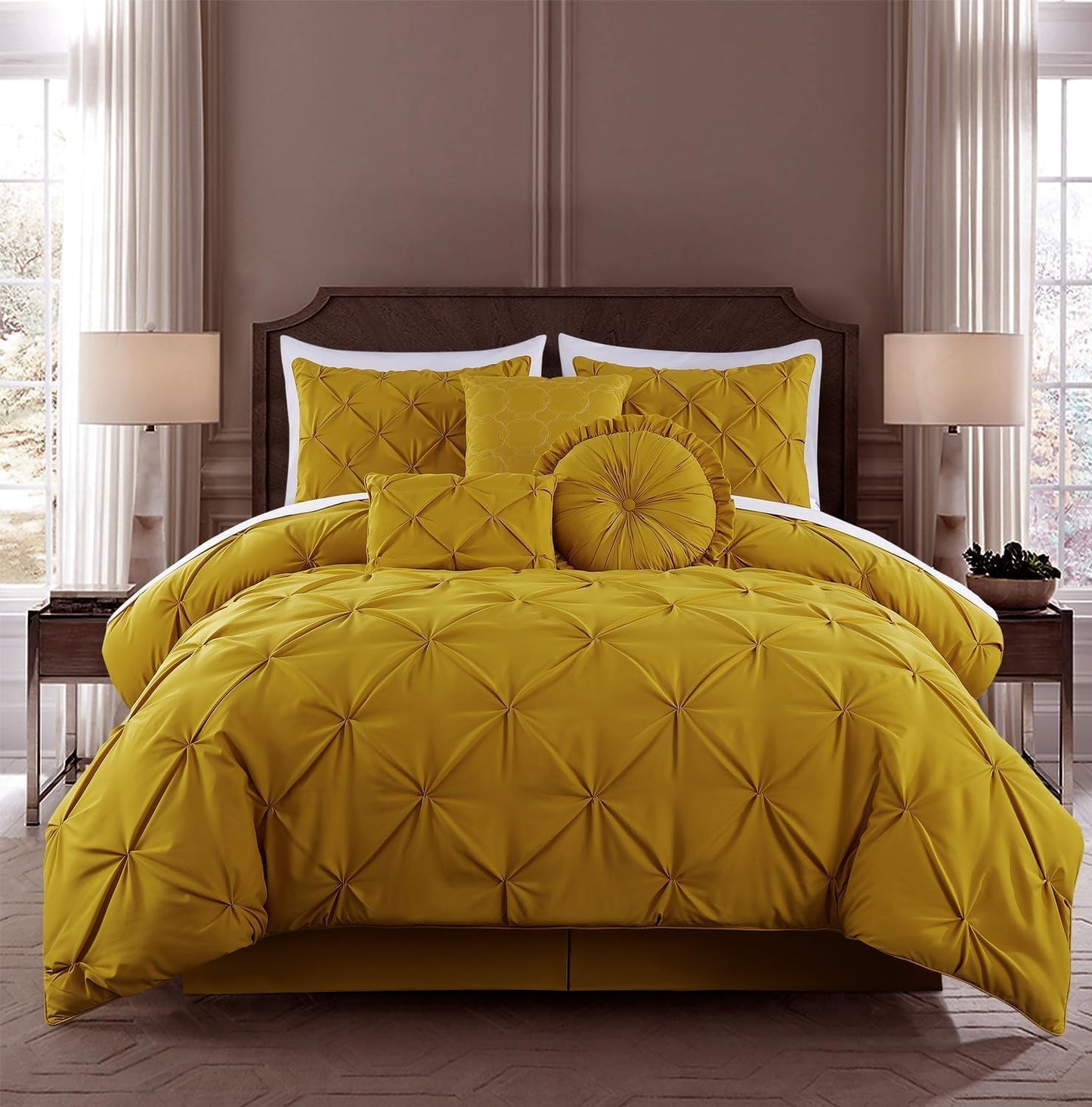 Sydney Extra Wide King Size Comforter Set - 7-Piece Pintuck Bedding - Mustard Yellow, Elegant Lightweight Pinch Pleat Comforter with Decorative Pillows Bed Set for All Season