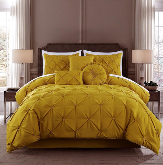Sydney Extra Wide King Size Comforter Set - 7-Piece Pintuck Bedding - Mustard Yellow, Elegant Lightweight Pinch Pleat Comforter with Decorative Pillows Bed Set for All Season
