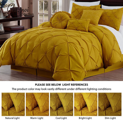 Sydney Extra Wide King Size Comforter Set - 7-Piece Pintuck Bedding - Mustard Yellow, Elegant Lightweight Pinch Pleat Comforter with Decorative Pillows Bed Set for All Season