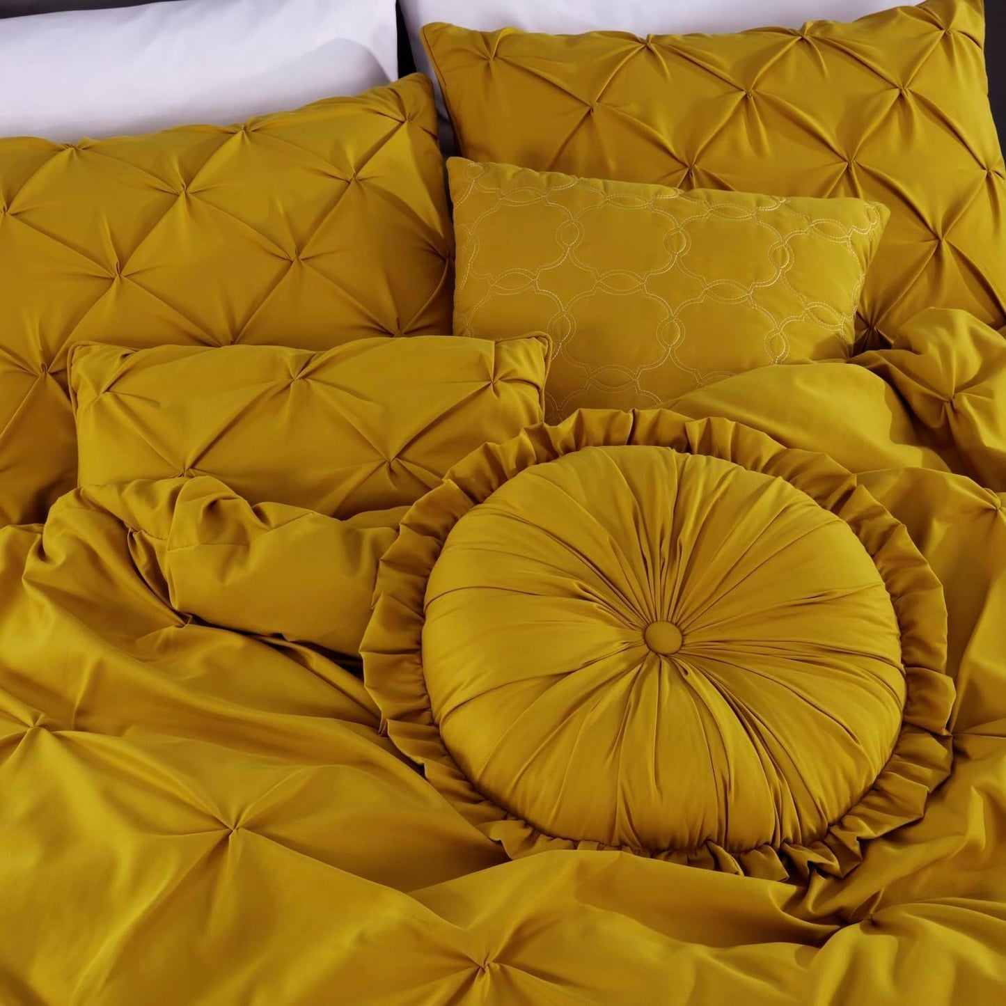 Sydney Extra Wide King Size Comforter Set - 7-Piece Pintuck Bedding - Mustard Yellow, Elegant Lightweight Pinch Pleat Comforter with Decorative Pillows Bed Set for All Season