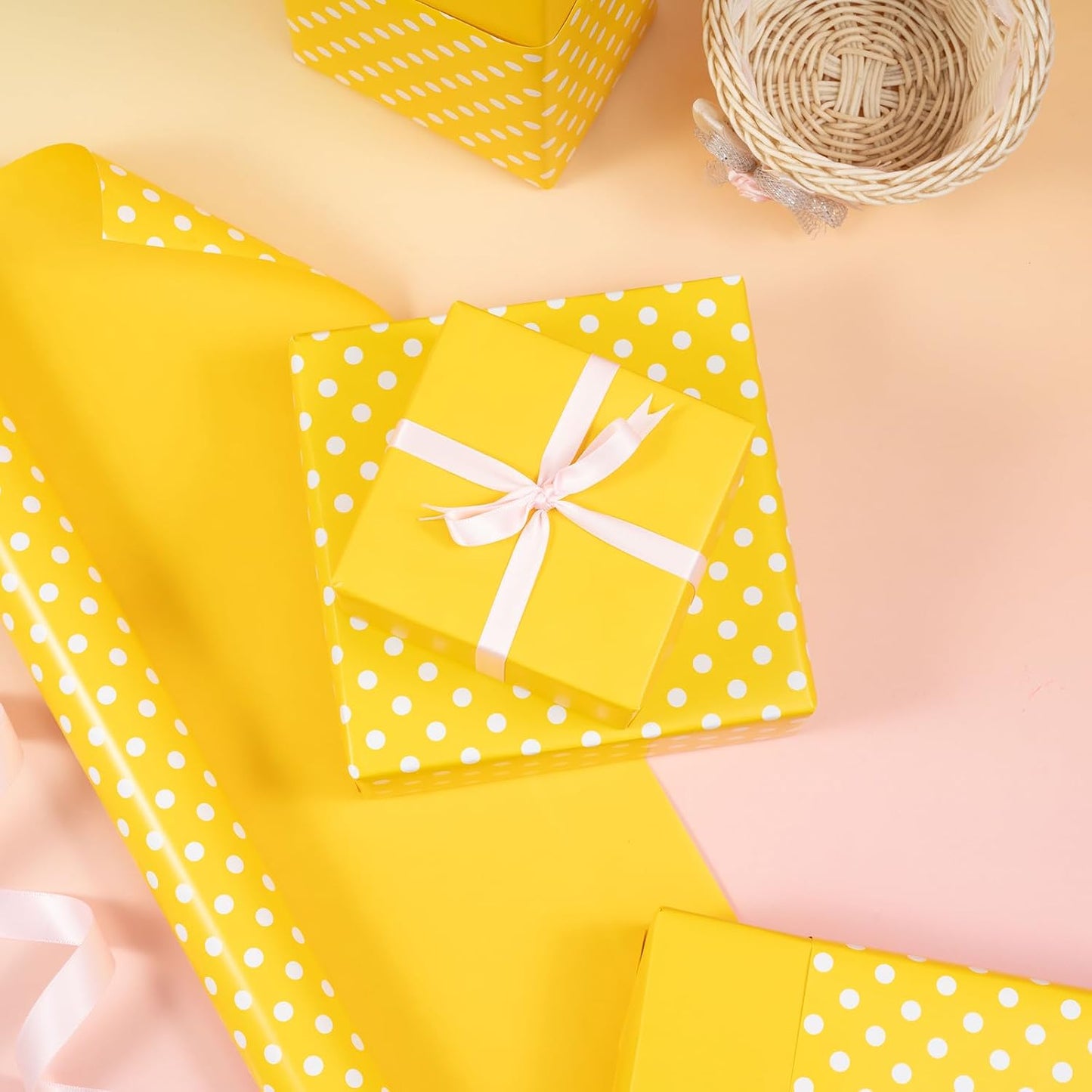 30 Inch Reversible Yellow Wrapping Paper - Yellow and Polka Dot Wrapping Paper for Birthday, Holiday, Wedding, Baby Shower - 30 inch x 33 feet