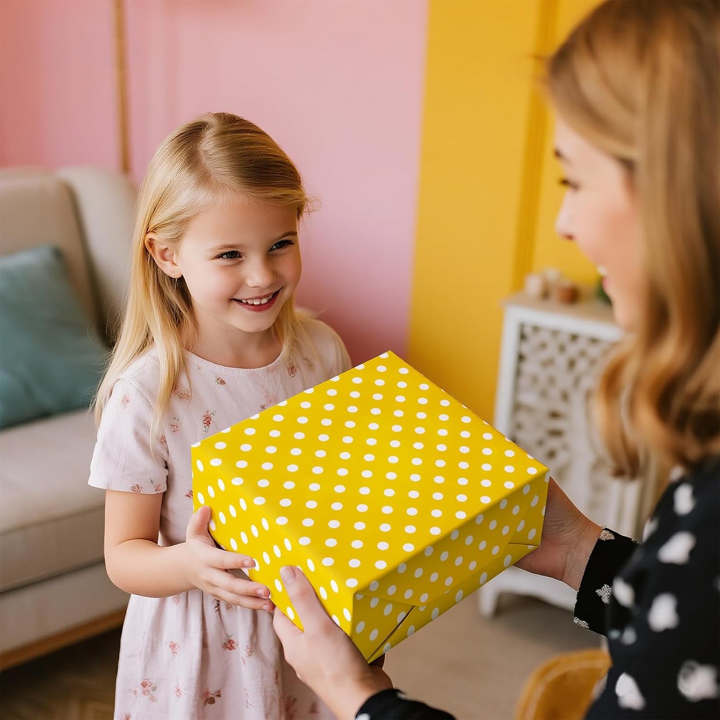 30 Inch Reversible Yellow Wrapping Paper - Yellow and Polka Dot Wrapping Paper for Birthday, Holiday, Wedding, Baby Shower - 30 inch x 33 feet