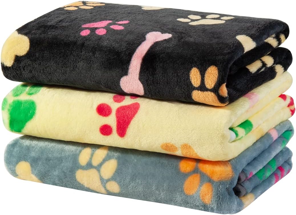 1 Pack 3 Dog Blankets, Soft Fluffy Fleece Pet Blanket Warm Sleep Mat Paw Print Design Puppy Kitten Throw Blankets Doggy Blanket for Dogs