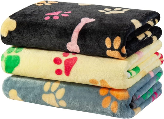 1 Pack 3 Dog Blankets, Soft Fluffy Fleece Pet Blanket Warm Sleep Mat Paw Print Design Puppy Kitten Throw Blankets Doggy Blanket for Dogs
