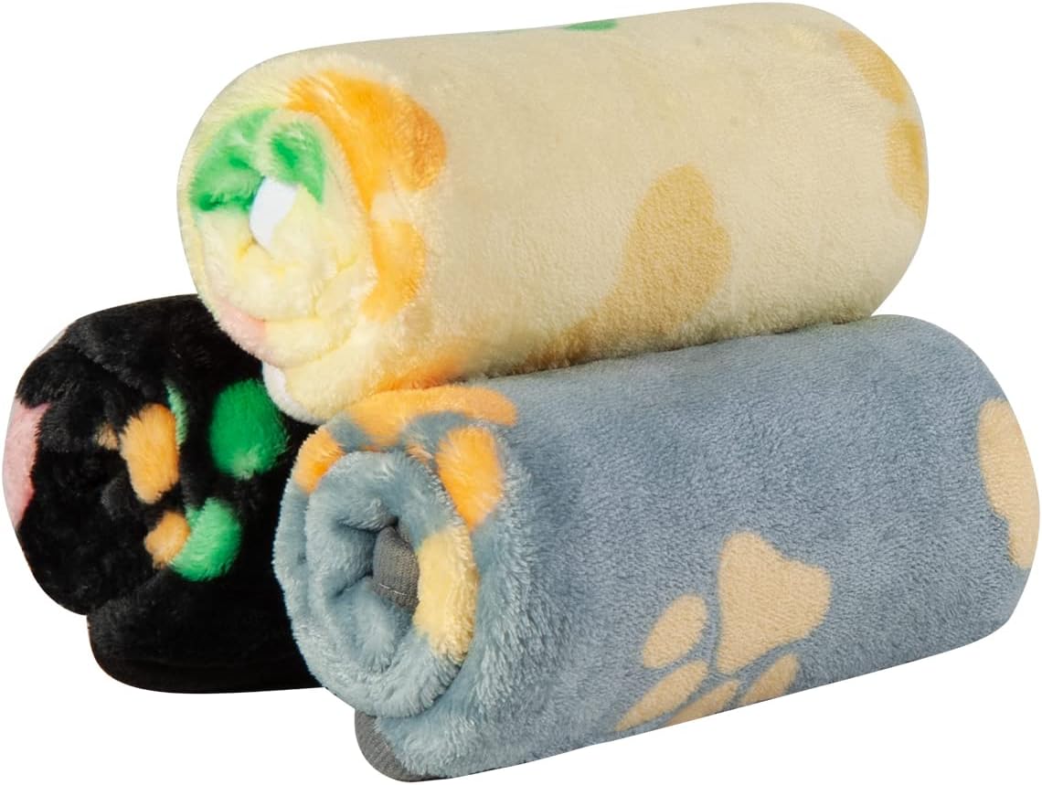 1 Pack 3 Dog Blankets, Soft Fluffy Fleece Pet Blanket Warm Sleep Mat Paw Print Design Puppy Kitten Throw Blankets Doggy Blanket for Dogs