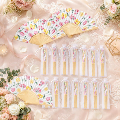 25 Sets Lemon and Floral Wedding Favors for Guests Bulk Yellow and Pink Hand Folding Paper Fans with Organza Bags for Bridal Shower Decorations Wedding Bridesmaid Gift