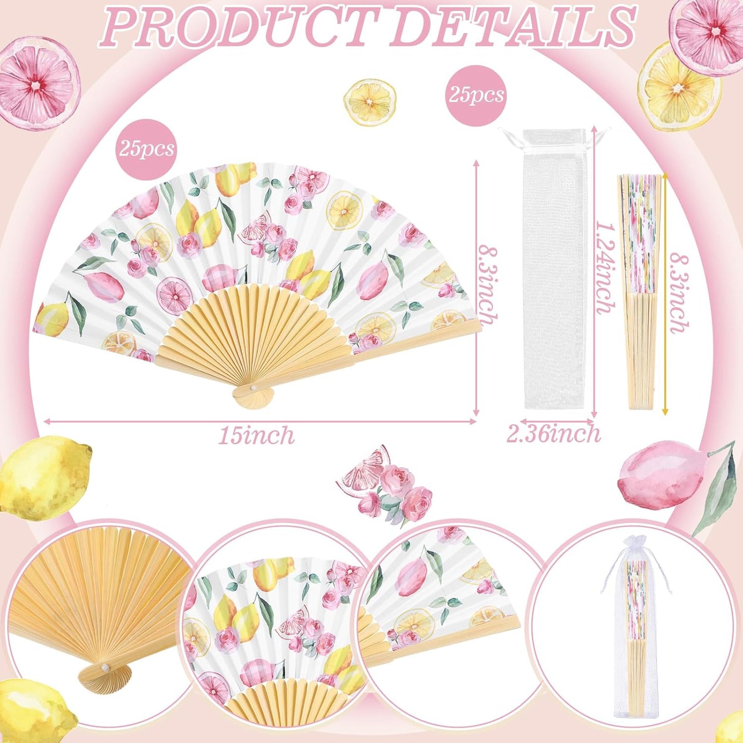 25 Sets Lemon and Floral Wedding Favors for Guests Bulk Yellow and Pink Hand Folding Paper Fans with Organza Bags for Bridal Shower Decorations Wedding Bridesmaid Gift
