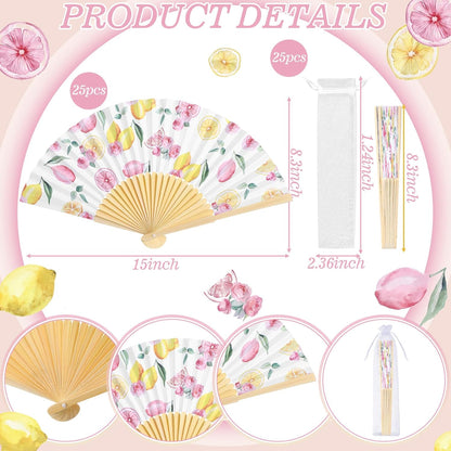 25 Sets Lemon and Floral Wedding Favors for Guests Bulk Yellow and Pink Hand Folding Paper Fans with Organza Bags for Bridal Shower Decorations Wedding Bridesmaid Gift