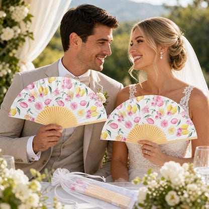 25 Sets Lemon and Floral Wedding Favors for Guests Bulk Yellow and Pink Hand Folding Paper Fans with Organza Bags for Bridal Shower Decorations Wedding Bridesmaid Gift