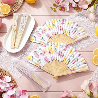 25 Sets Lemon and Floral Wedding Favors for Guests Bulk Yellow and Pink Hand Folding Paper Fans with Organza Bags for Bridal Shower Decorations Wedding Bridesmaid Gift