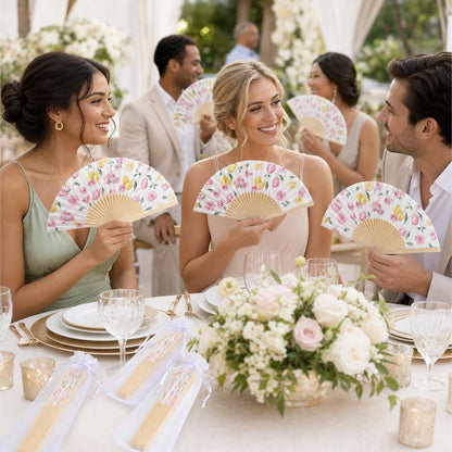 25 Sets Lemon and Floral Wedding Favors for Guests Bulk Yellow and Pink Hand Folding Paper Fans with Organza Bags for Bridal Shower Decorations Wedding Bridesmaid Gift