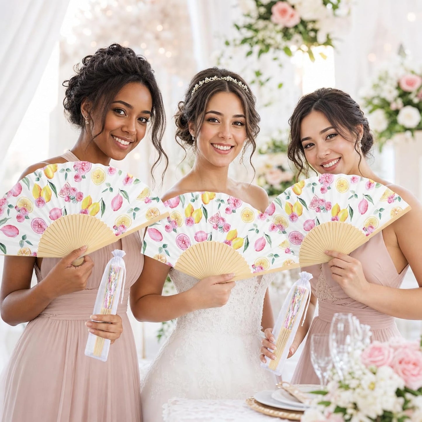 25 Sets Lemon and Floral Wedding Favors for Guests Bulk Yellow and Pink Hand Folding Paper Fans with Organza Bags for Bridal Shower Decorations Wedding Bridesmaid Gift