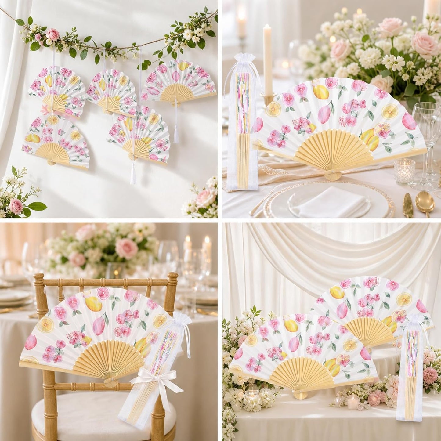 25 Sets Lemon and Floral Wedding Favors for Guests Bulk Yellow and Pink Hand Folding Paper Fans with Organza Bags for Bridal Shower Decorations Wedding Bridesmaid Gift