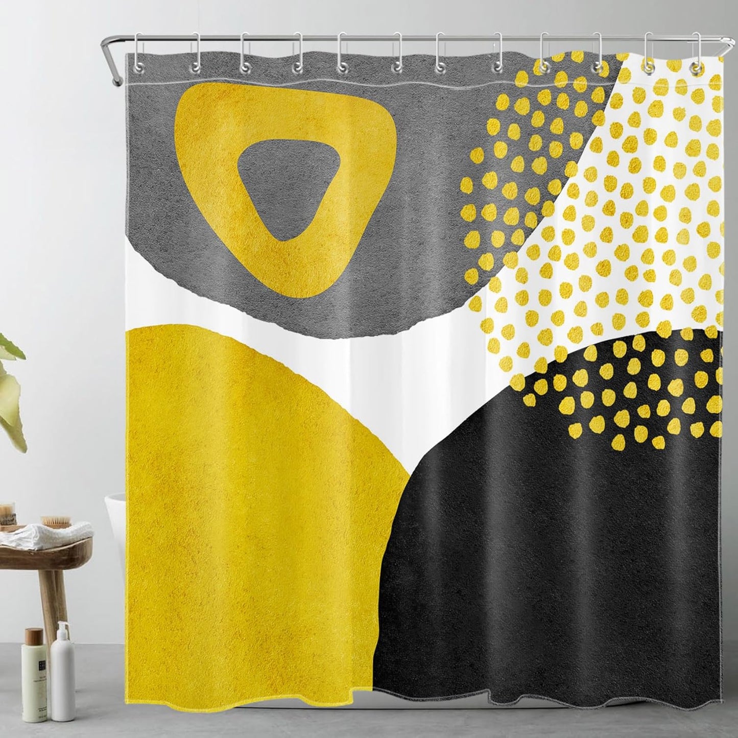 Minimalist Yellow Shower Curtain Decor, Mid Century Modern Abstract Shower Curtain for Bathroom 72" W x 78" L Polyester Fabric Bathroom Decoration Bath Curtains Hooks Included
