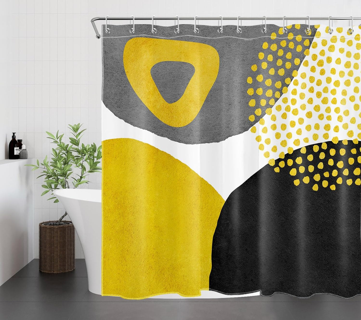 Minimalist Yellow Shower Curtain Decor, Mid Century Modern Abstract Shower Curtain for Bathroom 72" W x 78" L Polyester Fabric Bathroom Decoration Bath Curtains Hooks Included