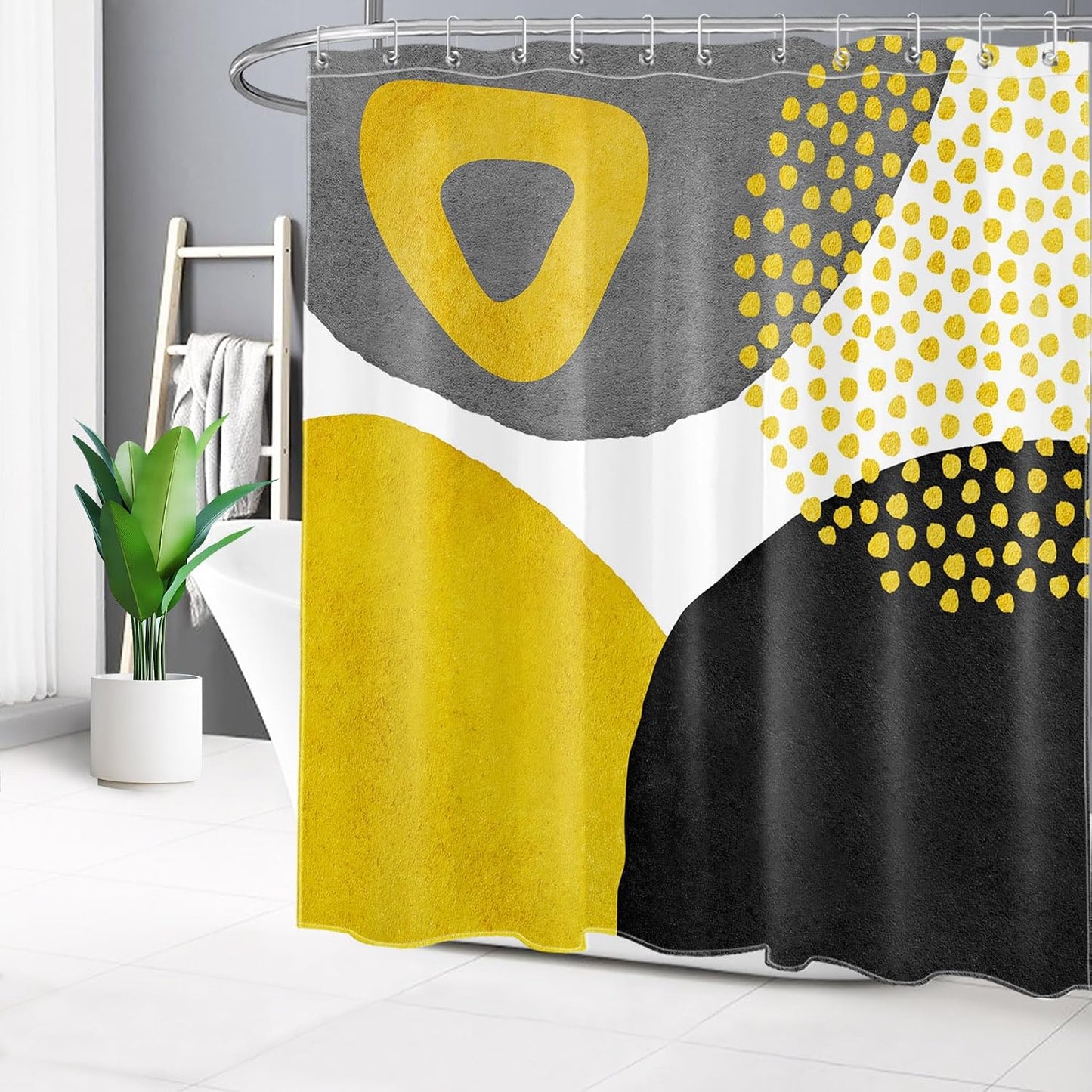 Minimalist Yellow Shower Curtain Decor, Mid Century Modern Abstract Shower Curtain for Bathroom 72" W x 78" L Polyester Fabric Bathroom Decoration Bath Curtains Hooks Included