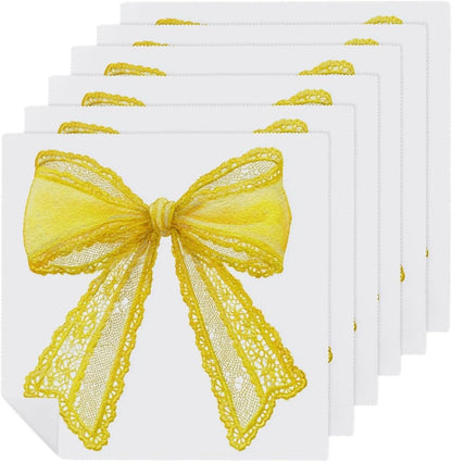 Delicate Watercolor Yellow Lace Bow Cloth Napkins Set of 6, Square Premium Reusable Washable Polyester Table Linen Napkin for Dinner Party
