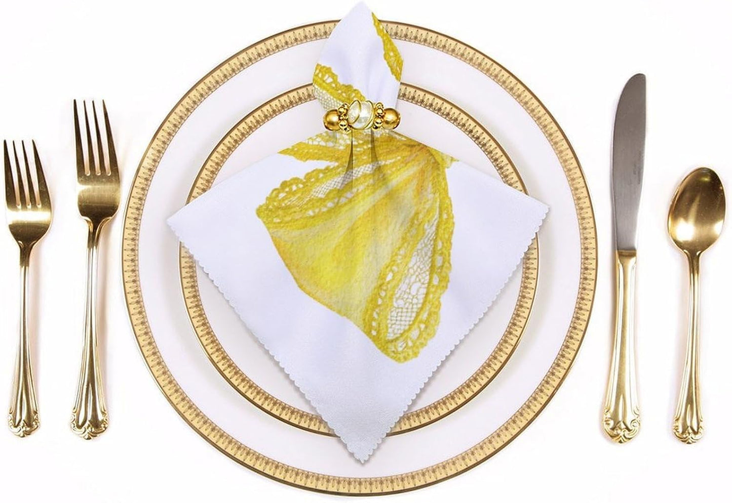 Delicate Watercolor Yellow Lace Bow Cloth Napkins Set of 6, Square Premium Reusable Washable Polyester Table Linen Napkin for Dinner Party