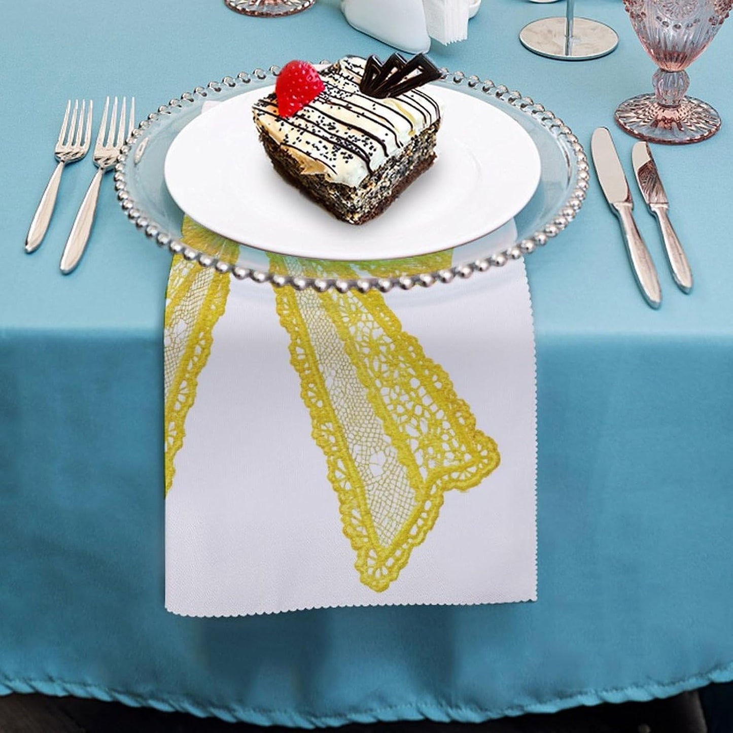 Delicate Watercolor Yellow Lace Bow Cloth Napkins Set of 6, Square Premium Reusable Washable Polyester Table Linen Napkin for Dinner Party