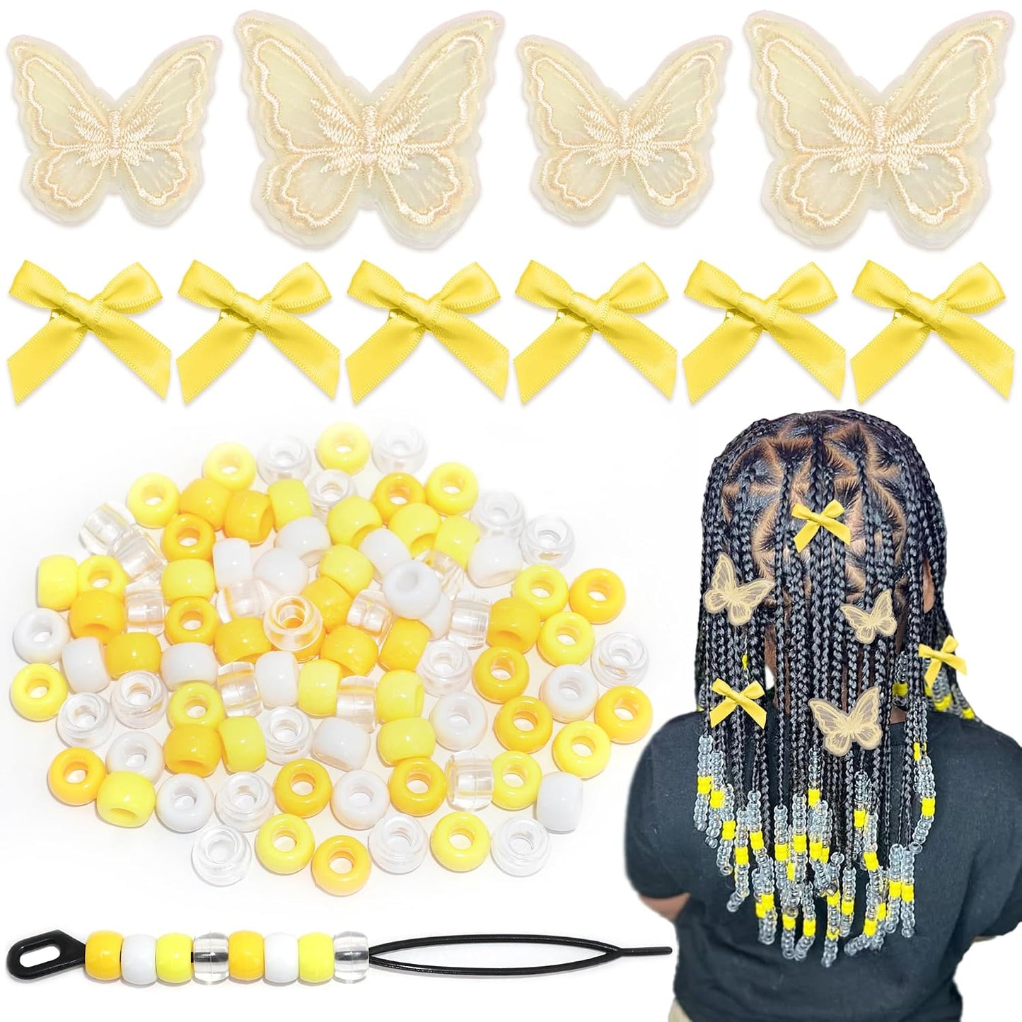 100PCS Hair Beads for Braids Yellow Mini Bow Clips Lace Embroidery Butterfly Hair Clips Acrylic Gradient Pony Beads Loc Dreadlock Hair Accessories for Girls