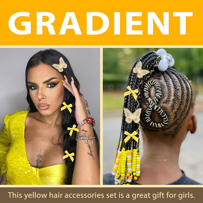 100PCS Hair Beads for Braids Yellow Mini Bow Clips Lace Embroidery Butterfly Hair Clips Acrylic Gradient Pony Beads Loc Dreadlock Hair Accessories for Girls