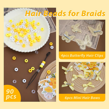 100PCS Hair Beads for Braids Yellow Mini Bow Clips Lace Embroidery Butterfly Hair Clips Acrylic Gradient Pony Beads Loc Dreadlock Hair Accessories for Girls