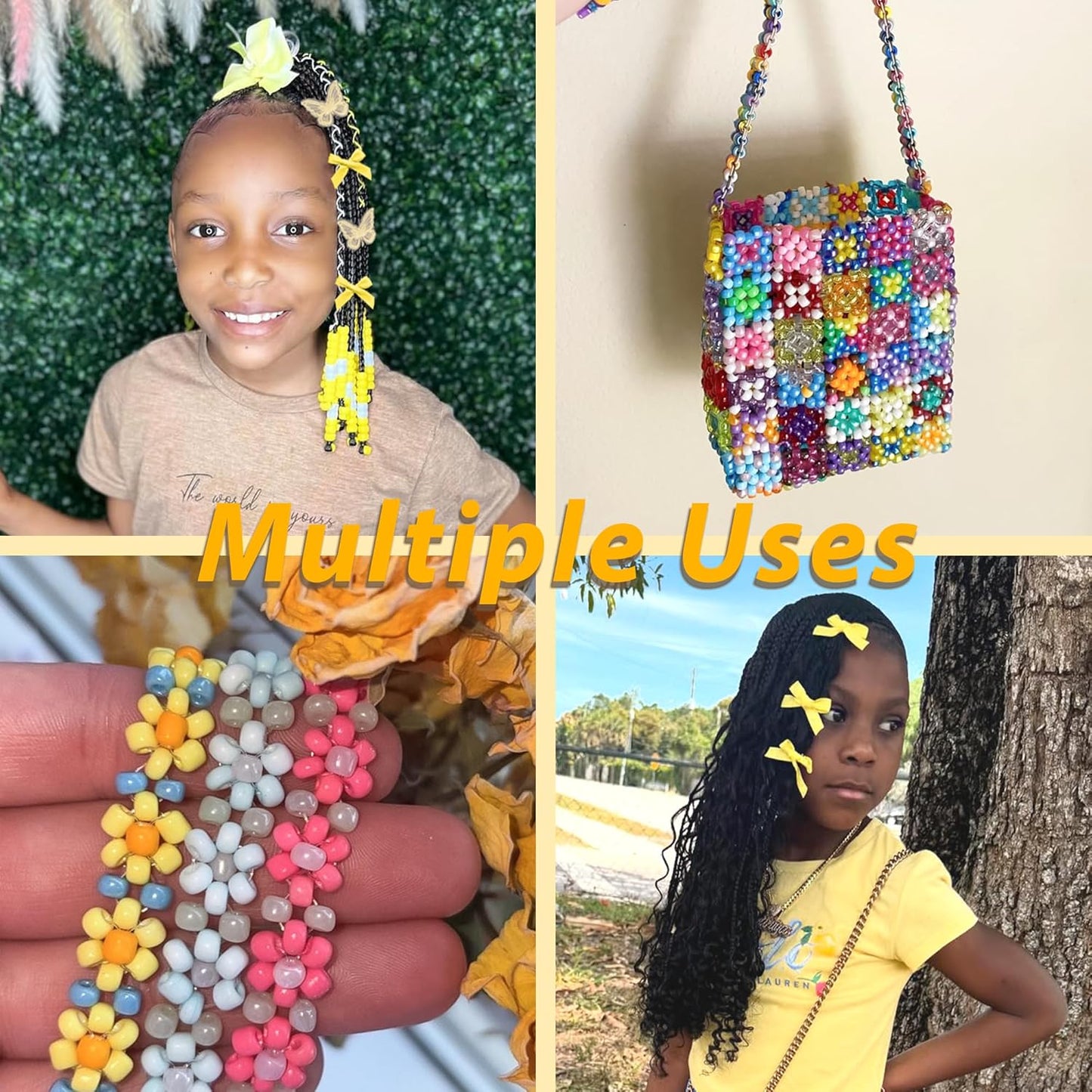 100PCS Hair Beads for Braids Yellow Mini Bow Clips Lace Embroidery Butterfly Hair Clips Acrylic Gradient Pony Beads Loc Dreadlock Hair Accessories for Girls