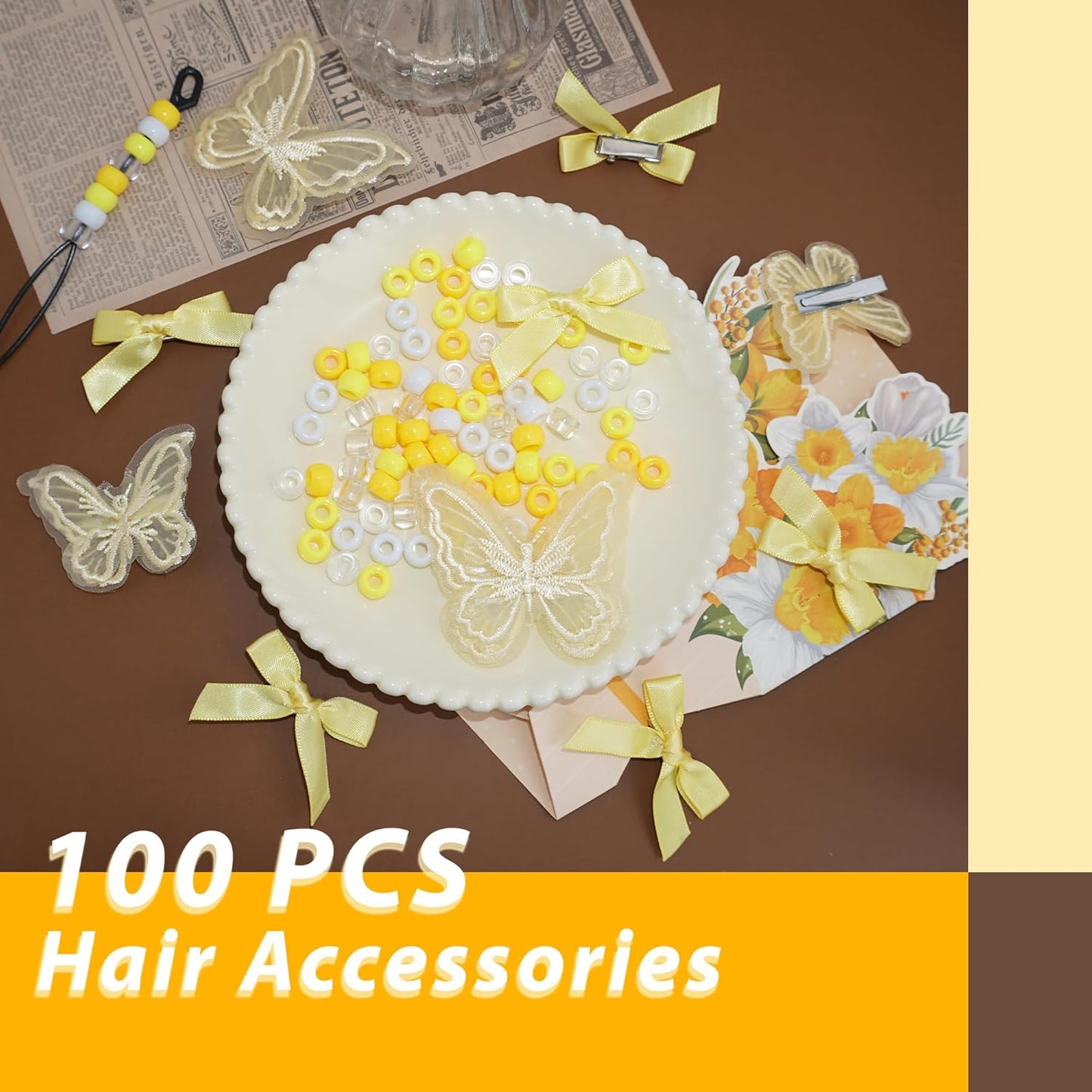 100PCS Hair Beads for Braids Yellow Mini Bow Clips Lace Embroidery Butterfly Hair Clips Acrylic Gradient Pony Beads Loc Dreadlock Hair Accessories for Girls