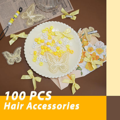 100PCS Hair Beads for Braids Yellow Mini Bow Clips Lace Embroidery Butterfly Hair Clips Acrylic Gradient Pony Beads Loc Dreadlock Hair Accessories for Girls