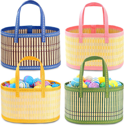 4Pcs Foldable Easter Woven Bamboo Baskets Empty, Oval Easter Basket Bulk Set with Handle, Large Easter Baskets for Easter Egg Hunt Party Favor Picnic Supplies Gift Packing - Pink Yellow Green Blue