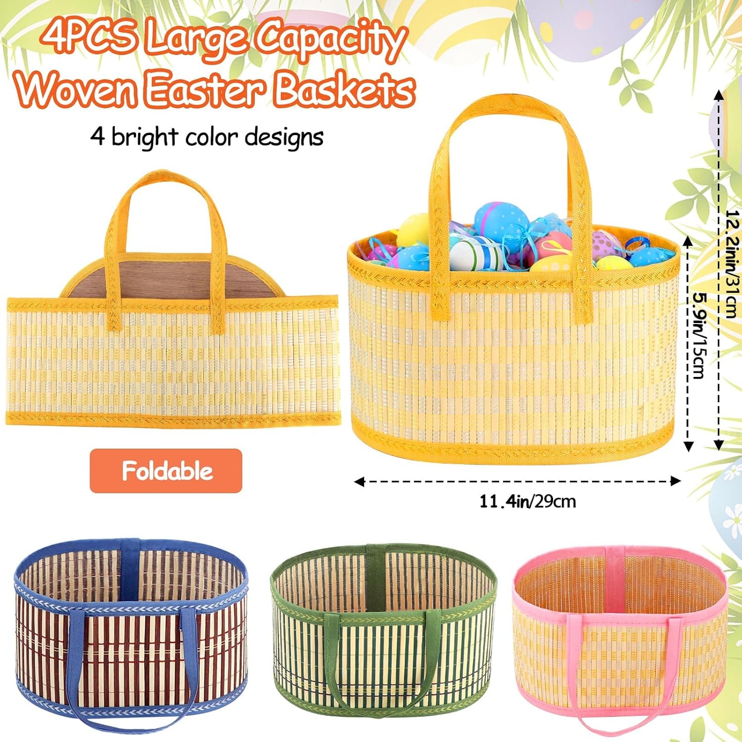 4Pcs Foldable Easter Woven Bamboo Baskets Empty, Oval Easter Basket Bulk Set with Handle, Large Easter Baskets for Easter Egg Hunt Party Favor Picnic Supplies Gift Packing - Pink Yellow Green Blue