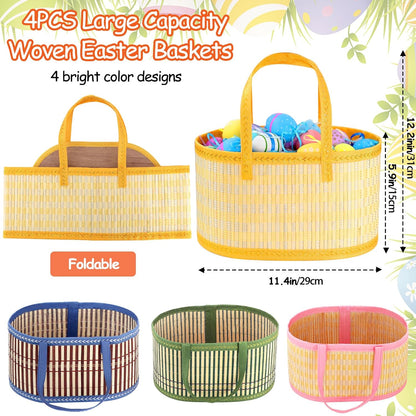 4Pcs Foldable Easter Woven Bamboo Baskets Empty, Oval Easter Basket Bulk Set with Handle, Large Easter Baskets for Easter Egg Hunt Party Favor Picnic Supplies Gift Packing - Pink Yellow Green Blue