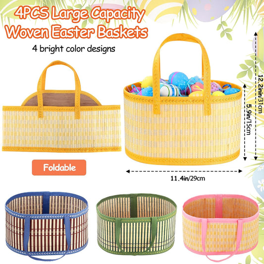 4Pcs Foldable Easter Woven Bamboo Baskets Empty, Oval Easter Basket Bulk Set with Handle, Large Easter Baskets for Easter Egg Hunt Party Favor Picnic Supplies Gift Packing - Pink Yellow Green Blue
