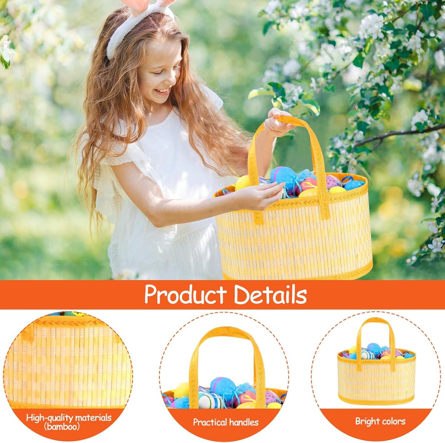 4Pcs Foldable Easter Woven Bamboo Baskets Empty, Oval Easter Basket Bulk Set with Handle, Large Easter Baskets for Easter Egg Hunt Party Favor Picnic Supplies Gift Packing - Pink Yellow Green Blue