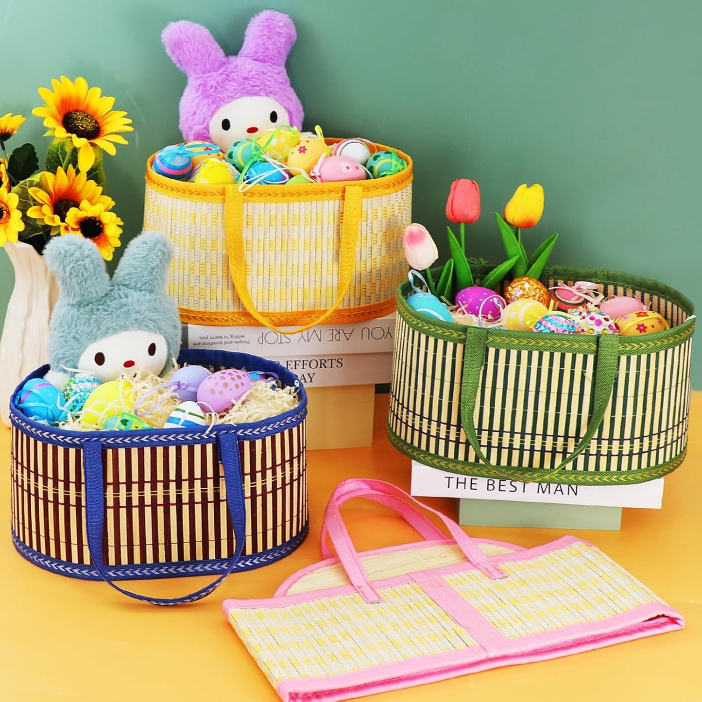 4Pcs Foldable Easter Woven Bamboo Baskets Empty, Oval Easter Basket Bulk Set with Handle, Large Easter Baskets for Easter Egg Hunt Party Favor Picnic Supplies Gift Packing - Pink Yellow Green Blue