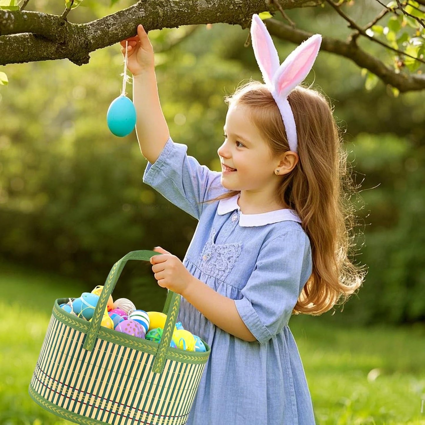 4Pcs Foldable Easter Woven Bamboo Baskets Empty, Oval Easter Basket Bulk Set with Handle, Large Easter Baskets for Easter Egg Hunt Party Favor Picnic Supplies Gift Packing - Pink Yellow Green Blue