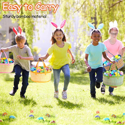 4Pcs Foldable Easter Woven Bamboo Baskets Empty, Oval Easter Basket Bulk Set with Handle, Large Easter Baskets for Easter Egg Hunt Party Favor Picnic Supplies Gift Packing - Pink Yellow Green Blue