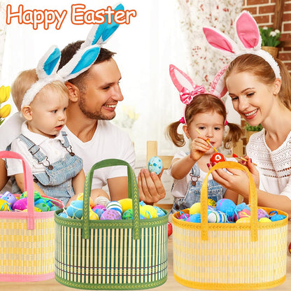 4Pcs Foldable Easter Woven Bamboo Baskets Empty, Oval Easter Basket Bulk Set with Handle, Large Easter Baskets for Easter Egg Hunt Party Favor Picnic Supplies Gift Packing - Pink Yellow Green Blue
