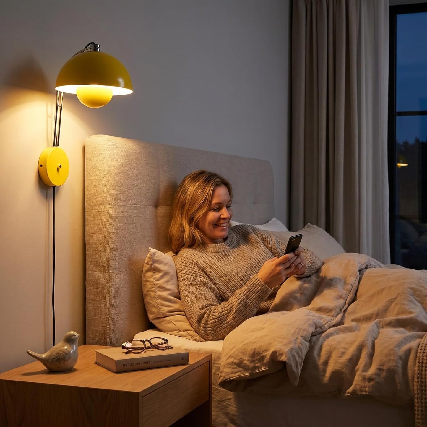 COSYLUX Modern Sleek Plug in Wall Sconce, Hardwired & Corded 2in1 Design Metal Wall Light Fixtures for Bedroom Bedside Reading, Mid-Century Flower Bud Wireless Wall Sconces with Switch,Pastel Yellow