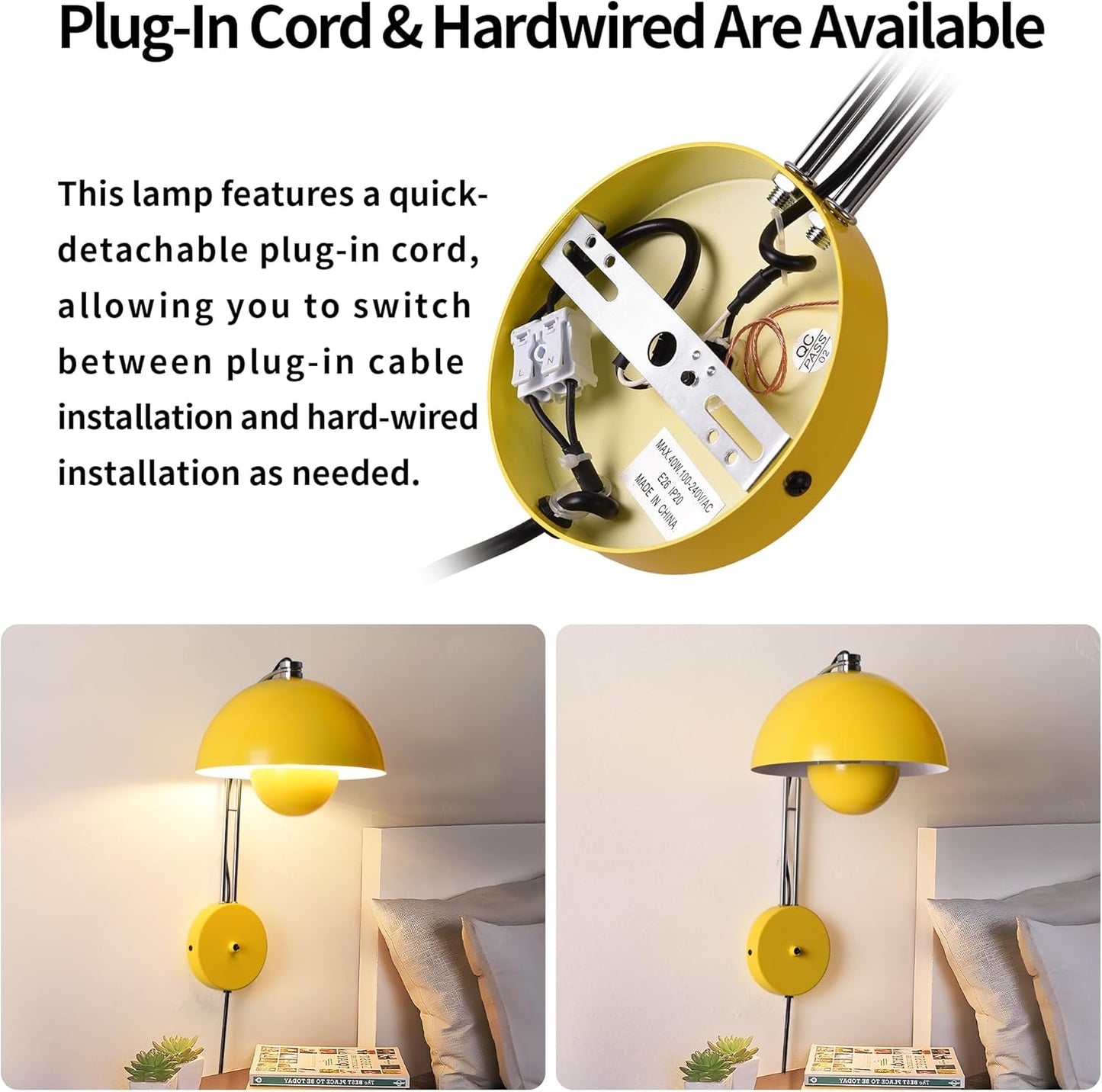 COSYLUX Modern Sleek Plug in Wall Sconce, Hardwired & Corded 2in1 Design Metal Wall Light Fixtures for Bedroom Bedside Reading, Mid-Century Flower Bud Wireless Wall Sconces with Switch,Pastel Yellow