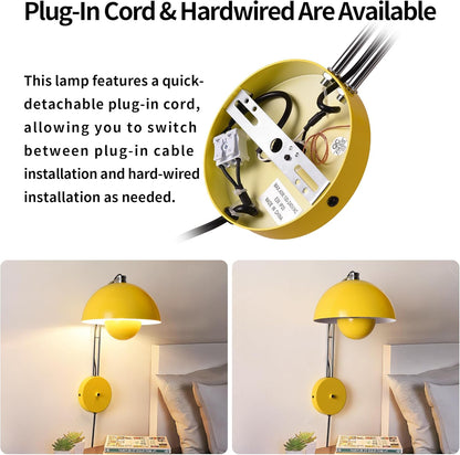 COSYLUX Modern Sleek Plug in Wall Sconce, Hardwired & Corded 2in1 Design Metal Wall Light Fixtures for Bedroom Bedside Reading, Mid-Century Flower Bud Wireless Wall Sconces with Switch,Pastel Yellow